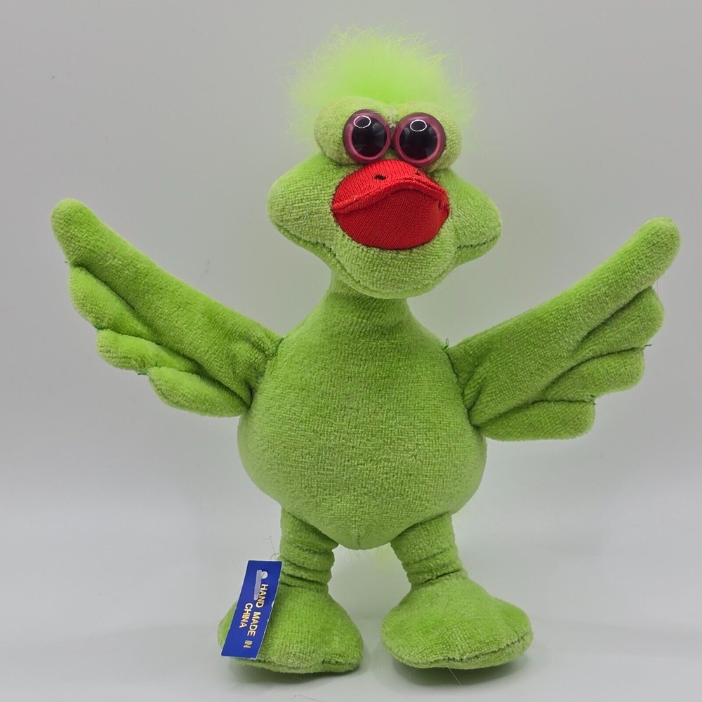 Vintage Handmade Poseable Duck‎ Plush Green Red Beak 1980s 12" Collectible Retro